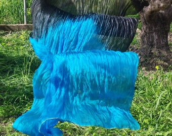 Silk Fan ~ Black Turquoise Blue Fan Silk Dance Costume Performance Music Festival Party Blacklight Summer GOA Hippie Flow Gift You
