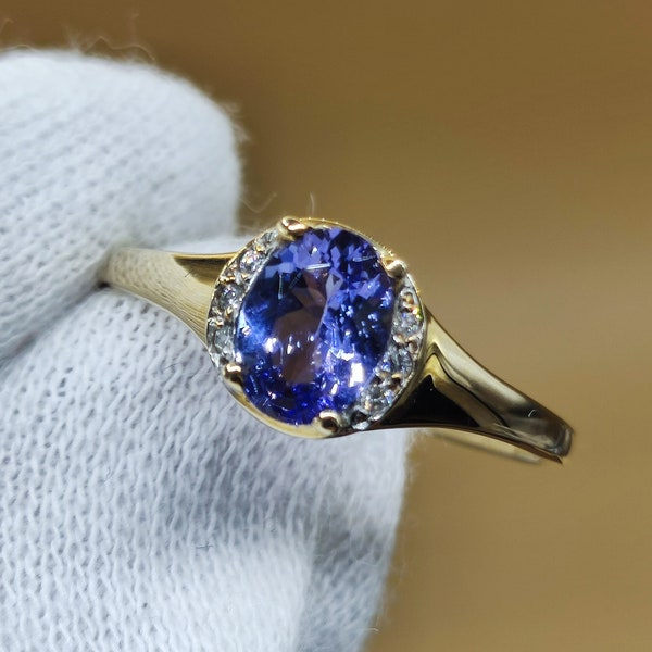 Tanzanite AAA + diamants (taille brillant) or jaune 375 taille de bague 21 (66) - pierre précieuse pierre de guérison énergie puissance femme bijoux haute qualité noble