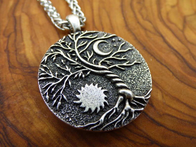 Baum Mond Sonne Amulet Kette Antik Silber Tibet HIPPIE GOA