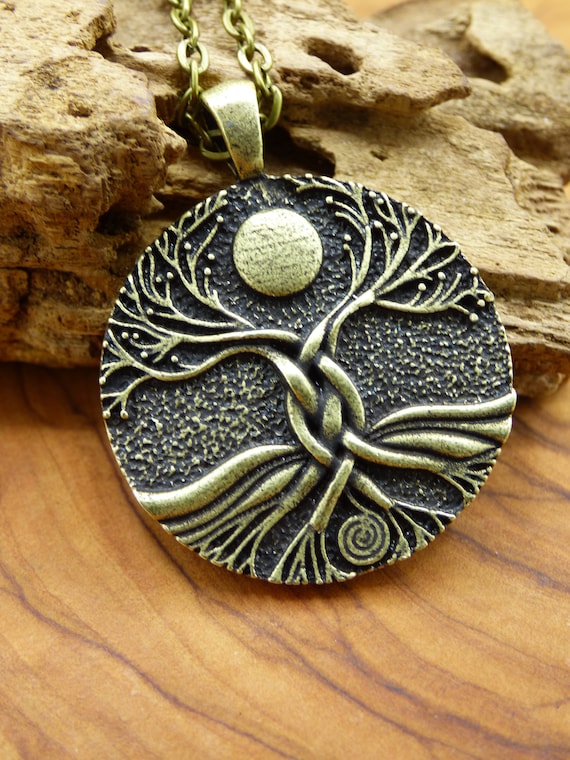 Tree Spiral Moon Pendant Amulet Necklace Antique Silver Tibet
