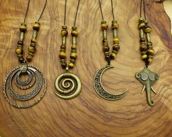 Pendant Necklaces Antique Bronze - Tiger Eye Gemstone Beads Spiral Elephant Moon Rings Round Animal HIPPIE GOA Boho Tibet Ethnic Nature Power Brown