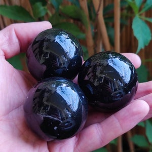 Peut inclure: Trois sphères polies en obsidienne noire, chacune reflétant l'environnement. Les sphères sont tenues dans une main, avec un arrière-plan naturel de feuilles vertes et de tiges brunes.