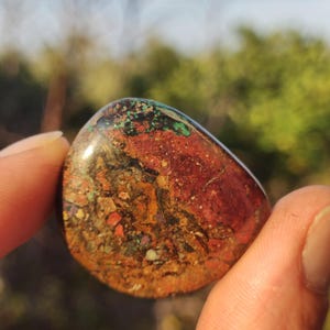 May include: A polished, rounded stone featuring a complex, multi-colored surface with deep red, earthy brown, and ochre tones, accented by small patches of vibrant green and black mineral inclusions throughout its smooth, glossy texture.