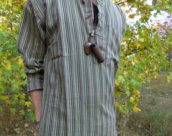 Natural Cotton Shirt T-Shirt for Men and Women, Long Sleeve, Green, Khaki, Striped, Sizes S-3XL, Goa Hippie Boho Festival, Psy Ethno Vintage, Summer, Indie Yoga