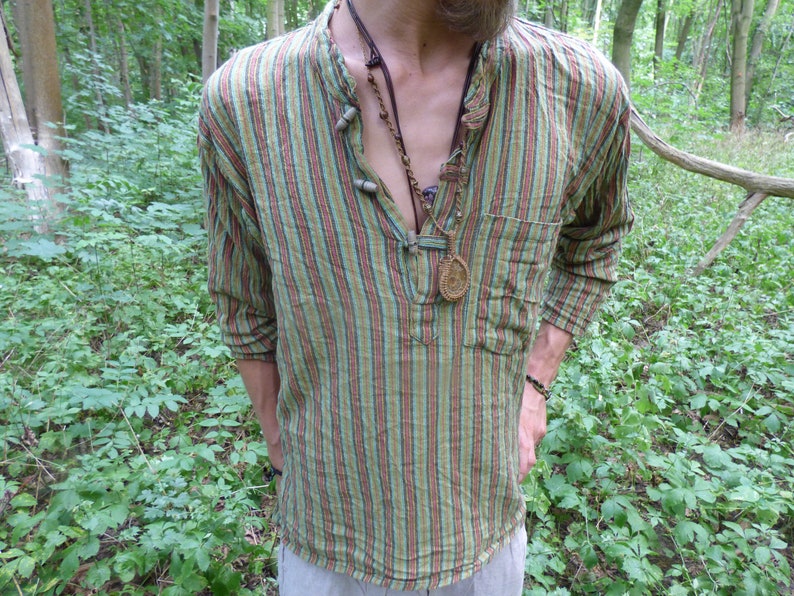 Natural Cotton Shirt Long Green/Persimmon Striped *UNISEX ~ Size S - 3XL~Goa~Hippie~Boho Festival Psy Ethno~Vintage Summer India Yoga Longsleeve 