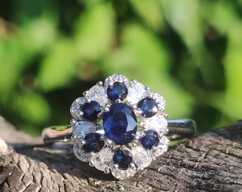 Sapphire Flower Ring, 925 Sterling Silver, Adjustable Size, Gemstone, Healing Stone, Precious Energy Power Jewelry, High-Quality, Blue, Gift for Women, Birthday