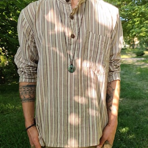 Natural cotton shirt beige striped natural color unisex S/Meter/L/XL/XXL/3XL Goa Hippie Boho Festival Psy Ethno Vintage Clothing Yoga Chill