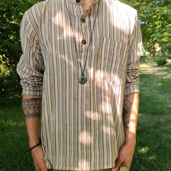 Natur Baumwollhemd Beige gestreift Naturfarbe Unisex S/M/L/Xl/XxL/3XL Goa Hippie Boho Festival Psy Ethno Vintage Kleidung Yoga Chill