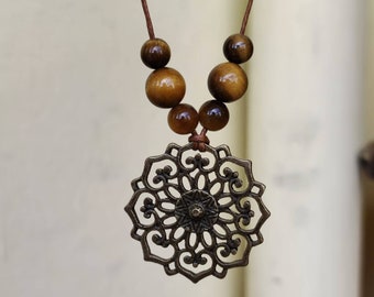 Blumen Mandala Kette ~ Antik Bronze & Tigerauge Edelsteinperlen ~HIPPIE ~GOA ~Boho ~Tibet ~Ethno ~Nature