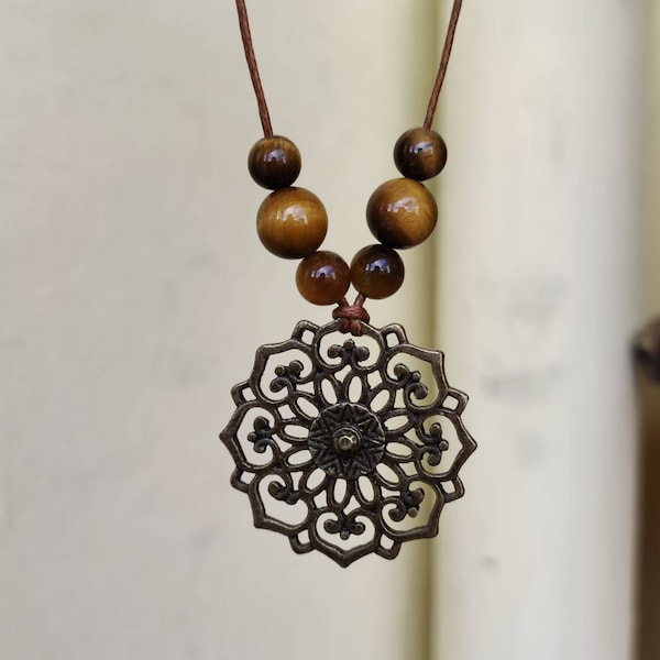 Blumen Mandala Kette ~ Antik Bronze & Tigerauge Edelsteinperlen ~HIPPIE ~GOA ~Boho ~Tibet ~Ethno ~Nature