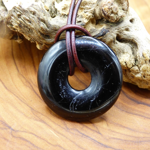 Tourmaline / Schörl ~ Collier de pierres précieuses HIPPIE GOA Boho Tibet Ethno Nature Donut Protection Symbole ~ Pierre de guérison Chakra Énergie Noir Homme Femme