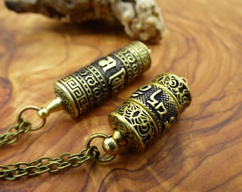 Tibetan pendant, brass bronze chain, box, Buddhism, prayer, mantra, urn, medallion, Goa, hippie, vintage, ethnic, psychic, talisman, meditation, OM Mani