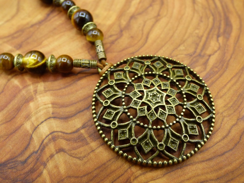 Mandala Blume Tibetische Anhänger Kette Tigerauge Edelstein HIPPIE GOA Boho Tibet Ethno Nature Bild 1