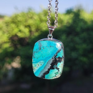 Chrysocolle - 925 Sterling Silver Gemstone Necklace Natural Blue Protection Rarity Healing Stone Crystal Man Woman He She Gift Friend Brother Father