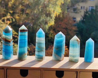 Lemurisk akvatin / Onyxblå (Aragonitkalcit) ~ Kristallpunktsspira Torn Obelisk ~ Magisk ädelstensdekoration Massagestav Hippie Healing Stone
