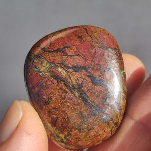 May include: A polished, rounded stone featuring a complex pattern of deep red, earthy brown, and ochre tones, interspersed with dark, branching veins and subtle metallic flecks across its smooth, glossy surface.