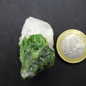 Könnte beinhalten: Natürliches Rohmineral mit weißer Kristallstruktur und lebhaft grüner, strukturierter Oberfläche. Eine 1-Euro-Münze dient zum Größenvergleich.