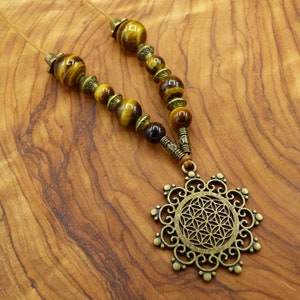 Collar de mandala con flor de la vida, piedras preciosas de ojo de tigre, marrón, natural, ~HIPPIE, Tíbet, ~Boho, naturaleza, etnia ~Flor de la vida, Flor de la vida de Fibonacci