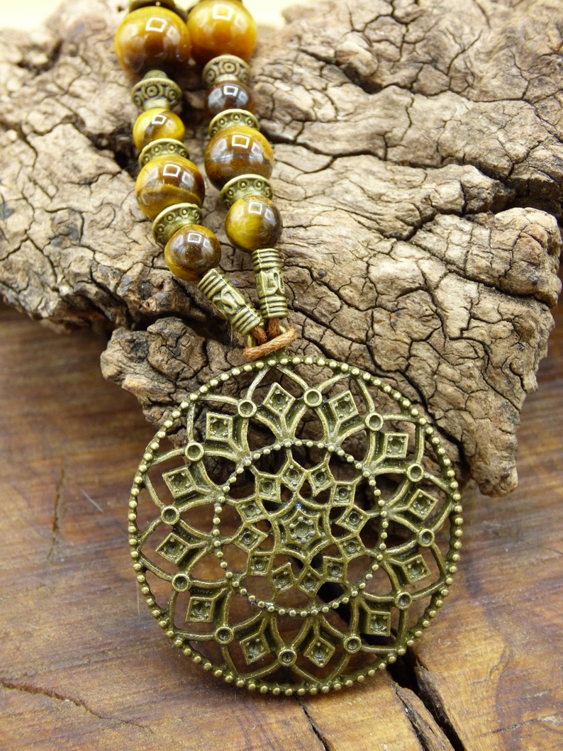 Mandala Blume Tibetische Anhänger Kette Tigerauge Edelstein HIPPIE GOA Boho Tibet Ethno Nature Bild 3