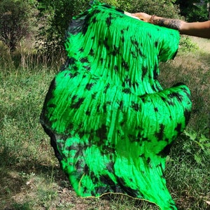 Silk Fan *UV Active* Batik Black Green Fan Silk Dancing Costume Performance Music Festival Party Blacklight Summer GOA Hippie Gift