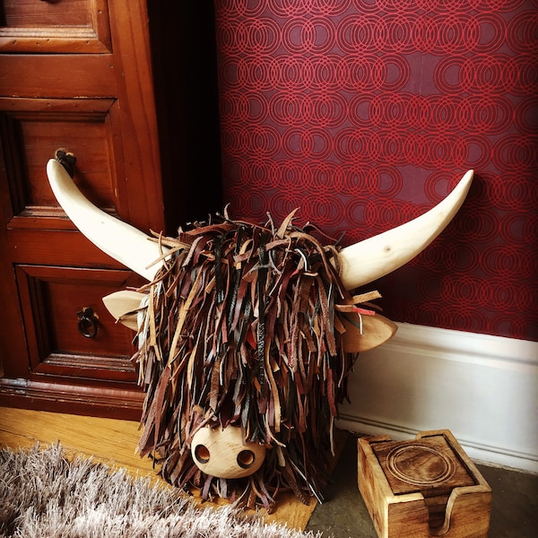 Highland Cow/Cattle Wall Mounted Faux Animal Wooden Head Handmade