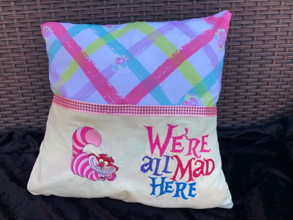 Reading pillow, Alice in wonderland cushion, cheshire cat cushion, pillow, we're all mad here, book cushion, birthday gift, reading gift
