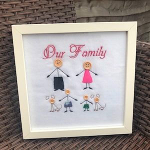 Personalised family embroidered button frame, family picture, button family
