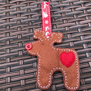 Embroidered Reindeer, Rudolph with heart hanging Christmas decoration
