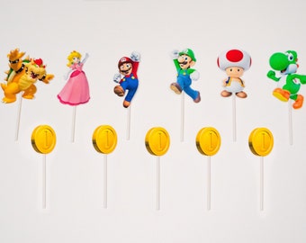 Adornos para cupcakes de Super Mario Bros. Adornos para pasteles de Mario, Luigi, Yoshi, Toad, Bowser y Peach. Decoración para fiestas de cumpleaños y eventos.