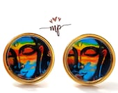 Gold or Black STUDS Earrings with Images, Face of Buddha - Spiritual Jewelry, Hypoallergenic - Gift Idea for her