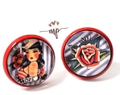 Red STUDS Earrings with Rockabillly Style Images - Woman Sailor Style and Red Rose - Gift Idea for her