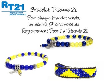 For the trisomy 21 - Pearl Bracelet Czech glass and jade - yellow and blue for woman, child, man - stainless steel stopper