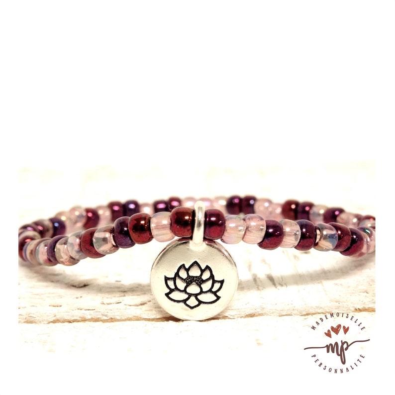 Burgundy Czech seed beads bracelet for teen girls pink and purple tones Lotus Flower Locket