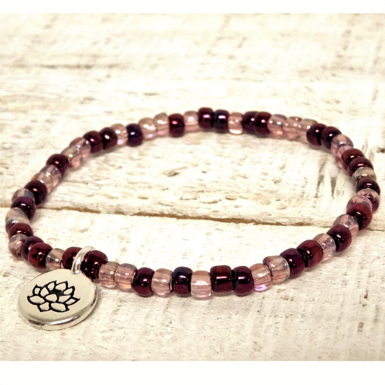 Burgundy Czech seed beads bracelet for teen girls pink and purple tones Lotus Flower Locket