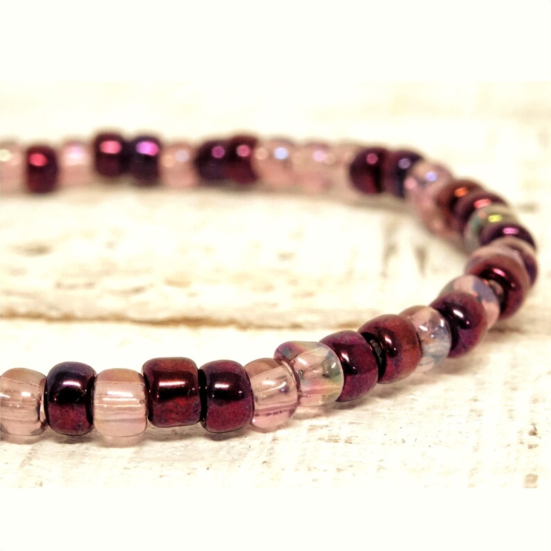 Burgundy Czech seed beads bracelet for teen girls pink and purple tones Lotus Flower Locket