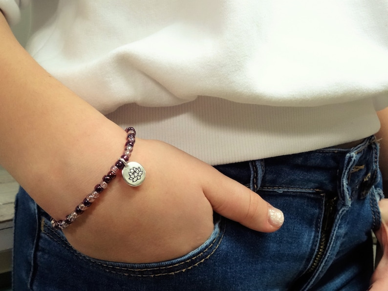 Burgundy Czech seed beads bracelet for teen girls pink and purple tones Lotus Flower Locket