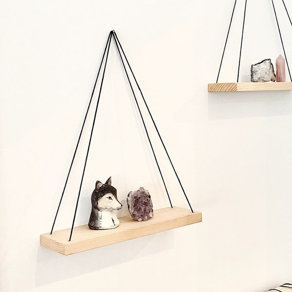 Triangle Swing Shelf, Wood with Black Cord Triangle Design, Wall Hanging