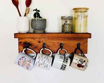 Coffee Mug Holder with Shelf, 4 cup | Wall Mounted Mug Shelf with Hooks