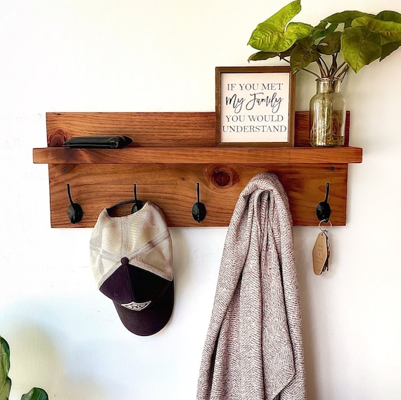 Entryway Coat Hook Shelf, Wood Key Hook Rack Rustic Modern