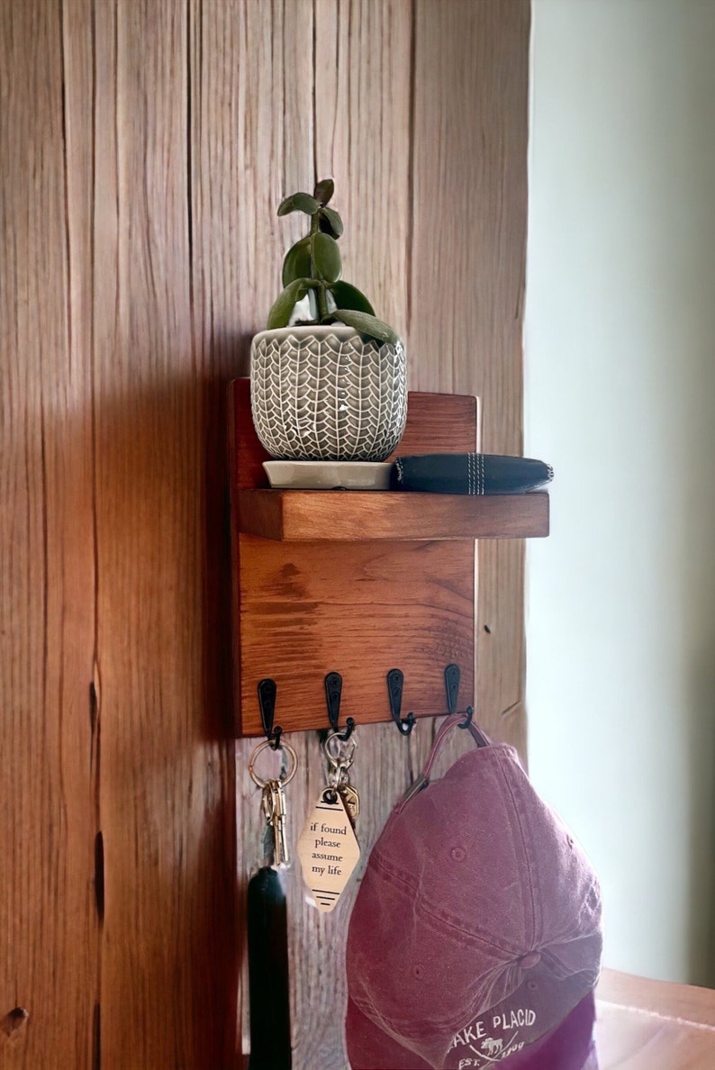 Slim Minimalist Key Holder Wall Shelf, Entryway Hook Hanger image 1