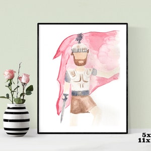 May include: Watercolor painting of a person wearing armor and a red cape. The person is holding a sword and has a beard. The painting is on a white background.