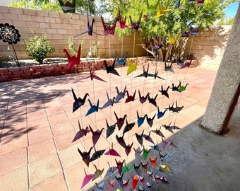 Strings of Large multiple patterns Japanese origami cranes