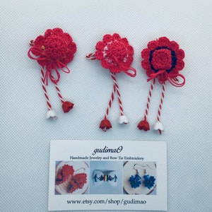 Fuchsia Crochet hats brooch Martisor/ Martisoare/ Babamarta / Martenitsa ethnic symbol of sprin. Handmade by gudimaO