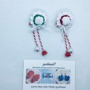 Crochet white hats brooch Martisor/ Martisoare/ Babamarta / Martenitsa ethnic symbol of sprin. Handmade by gudimaO