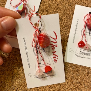 Red/white glass Martisor/ Martisoare/ Babamarta / Martenitsa ethnic symbol of spring. Handmade by gudimaO