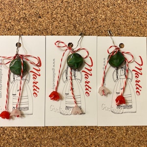 Green glass Martisor/ Martisoare/ Babamarta / Martenitsa ethnic symbol of spring. Handmade by gudimaO
