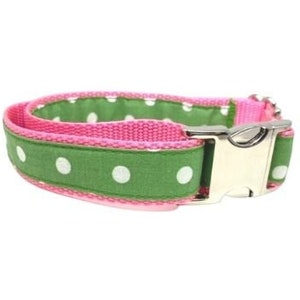 Cute Girl Dog Collar, Pink, Green, Polka Dot, Puppy Collar, Personalized Female Pet Collar, Custom, Engraved, Large, Dog Collar With Name