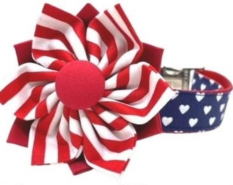 Red, White, Blue, Patriotic, 4th Of July, Polka Dot, Dog Collar, Girl, Cute, Personalized, Engraved, Custom, Puppy, + Optional Flower