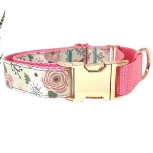 Pretty Pink + Rose Gold Buckle Martingale Dog Collar Girl, Designer Floral Dog Collar, Greyhound, Whippet, Peony, Fabric, Puppy Collar