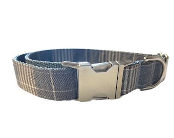 Grey Plaid Boy Dog Collar, Handome, Preppy, Personalized, Engraved, Custom Puppy Collar, Dog Collar, Fall, Autumn, Pet Collar, Gray, Brown